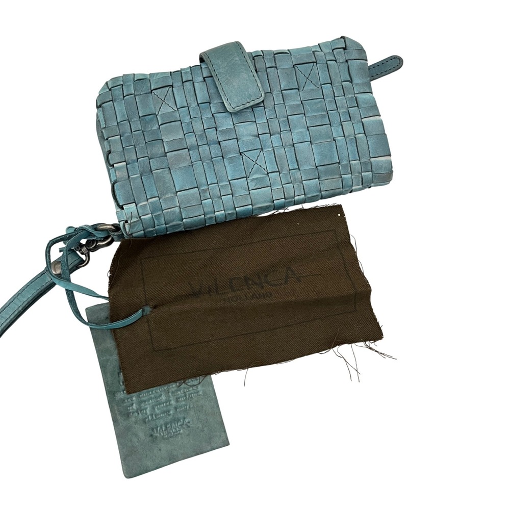 Vilenca Holland Woven Leather Wristlet Wallet Blue Distressed Boho